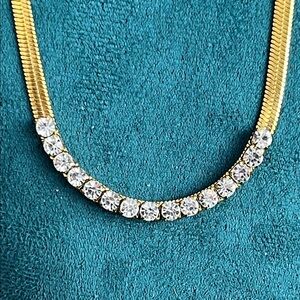 Gold over Stainless AAA CZ and Herringbone Necklace 16-18” adj